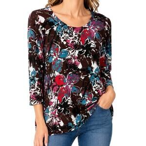 Chicos Travelers Sz XL 3 Slinky Brown Pink Stretchy Blouse Shirt Top Artsy